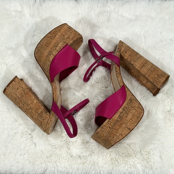 New SCHUTZ Hit Pink Fuchsia Glayce Cork Platform Sandal Heel with Ankle Strap - Picture 11 of 13